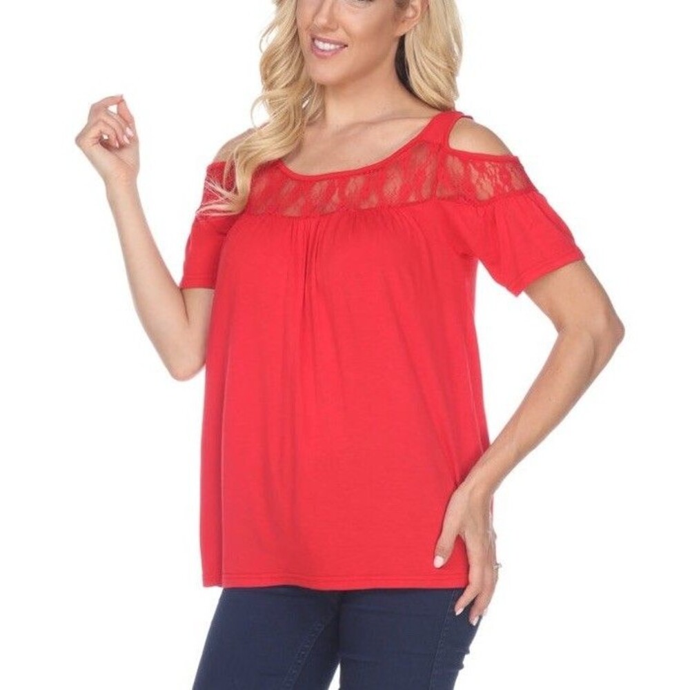 White Mark Bexley Top Women 2XL Red Lace Cold Shoulder Blouse NWT
